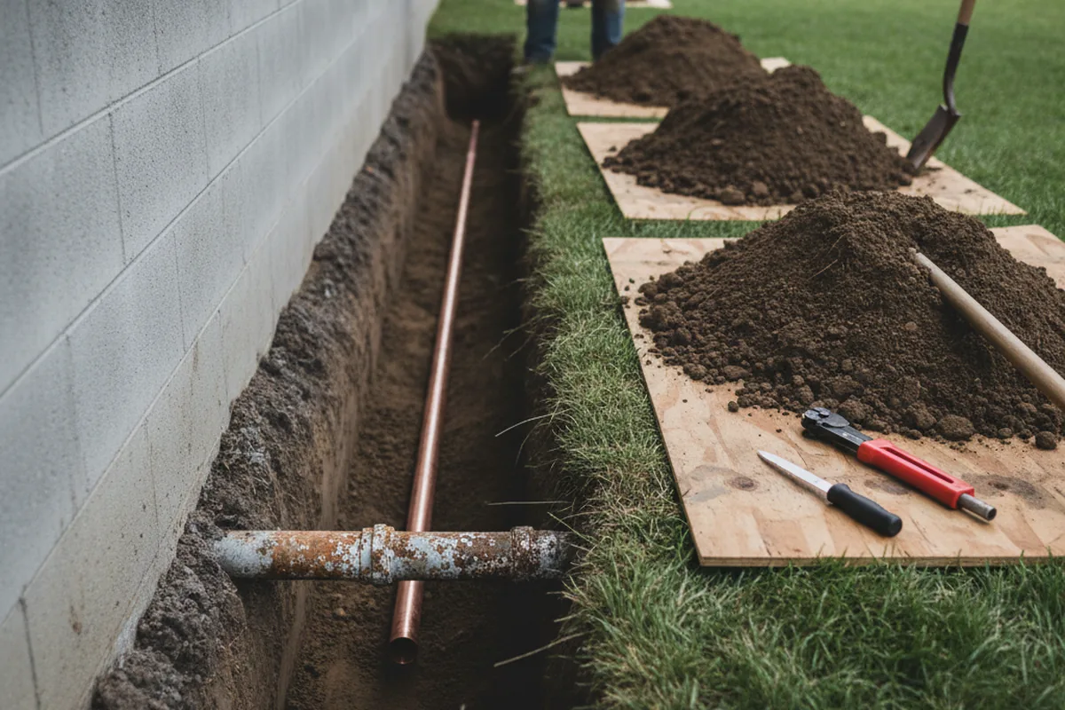Excavated water line trench during Sewer Line Repair in Servia